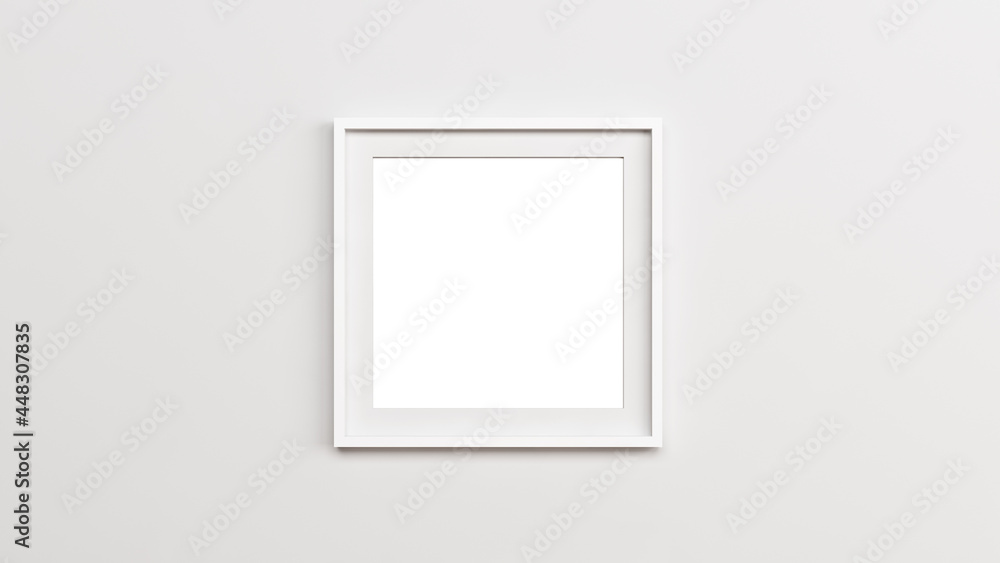 White square wooden frame mockup. A white square frame on the empty white wall. White square wooden frame mockup. A white square frame on the empty white wall.