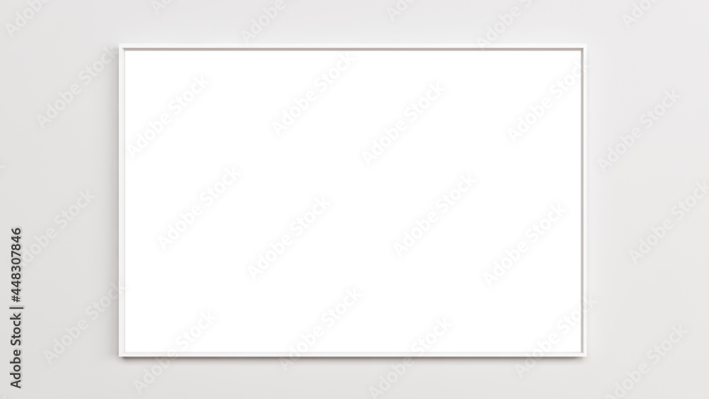 Landscape painting mockup frame. A white wooden frame on the empty white wall. Landscape painting mockup frame. A white wooden frame on the empty white wall.