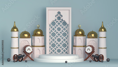 3d ramadan elements podium in islamic room photo