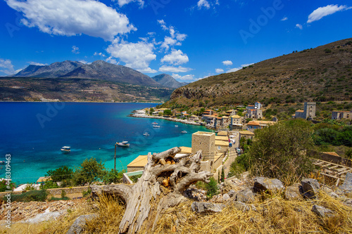 Scenic view from the picturesque seaside village Limeni. Traditional houses and colorful stoned buildings in Limeni  Mani area  Laconia  Greece