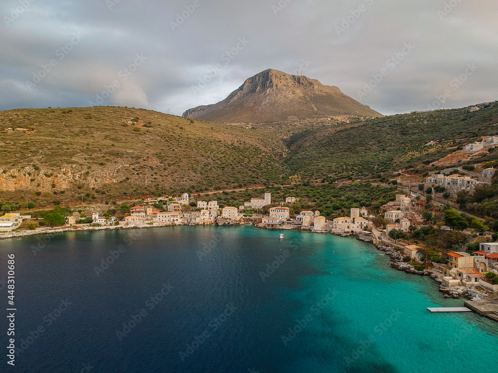 Iconic aerial view over the picturesque seaside Limeni village in Mani area, Laconia, Greece