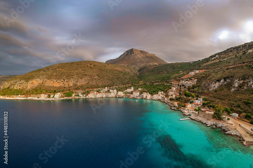 Iconic aerial view over the picturesque seaside Limeni village in Mani area, Laconia, Greece © panosk18