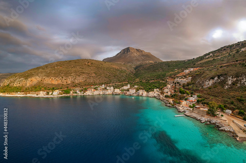 Iconic aerial view over the picturesque seaside Limeni village in Mani area, Laconia, Greece