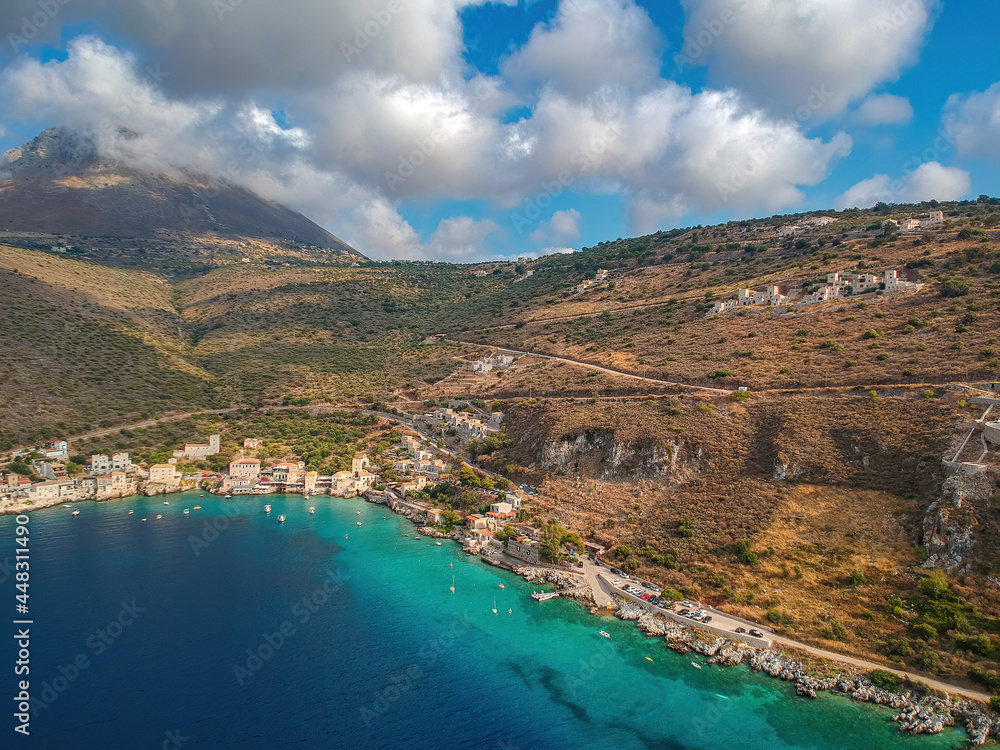 Obraz premium Iconic aerial view over the picturesque seaside Limeni village in Mani area, Laconia, Greece