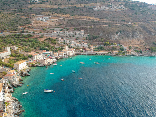 Fototapeta Naklejka Na Ścianę i Meble -  Iconic aerial view over the picturesque seaside Limeni village in Mani area, Laconia, Greece