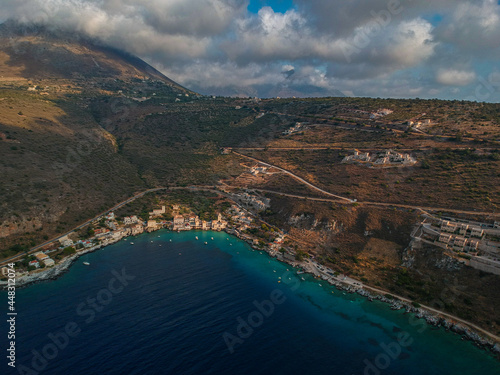 Iconic aerial view over the picturesque seaside Limeni village in Mani area, Laconia, Greece