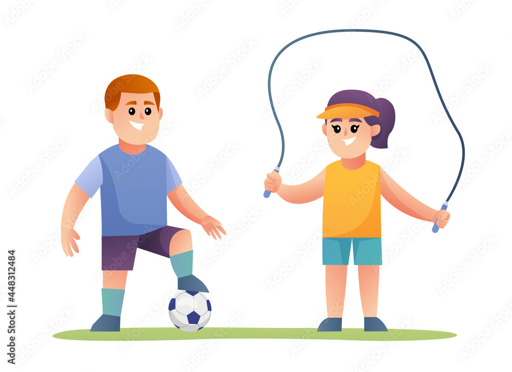 Cute boy and girl doing exercise cartoon character