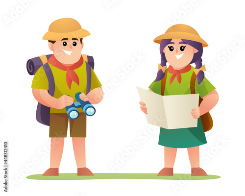 Cute boy and girl explorer with scout costume characters