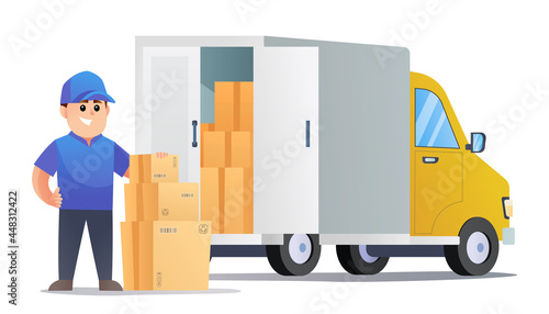 Cute courier delivery packages with van cartoon