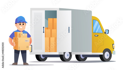 Cute courier bring packages with delivery truck illustration