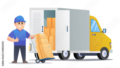 Cute courier delivery packages with trolley and truck cartoon
