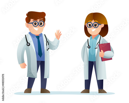 Cute male and female doctor cartoon characters
