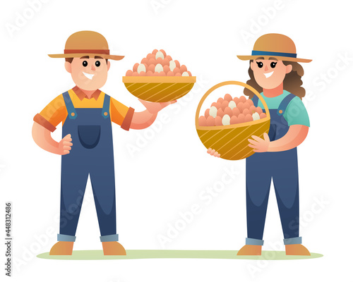 Cute boy and girl of chicken farmer holding basket filled with eggs cartoon characters