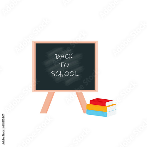 the blackboard in the classroom school supplies stationery, pencil case, pencil case, pen, pile of books, notebook, notebook textbook,school bag,Palettes and brushes in art . vector illustration