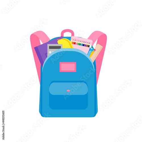 classroom school supplies stationery, pencil case, pen, pile of books, photorealistic literature,notebook, notebook textbook,school bag,Palettes and brushes in art,colored pencils. vector illustration