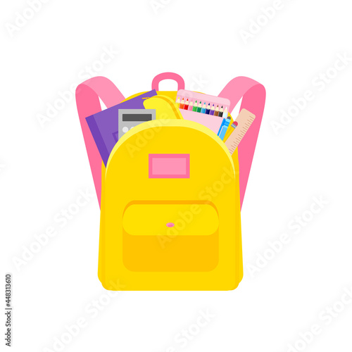 classroom school supplies stationery, pencil case, pen, pile of books, photorealistic literature,notebook, notebook textbook,school bag,Palettes and brushes in art,colored pencils. vector illustration