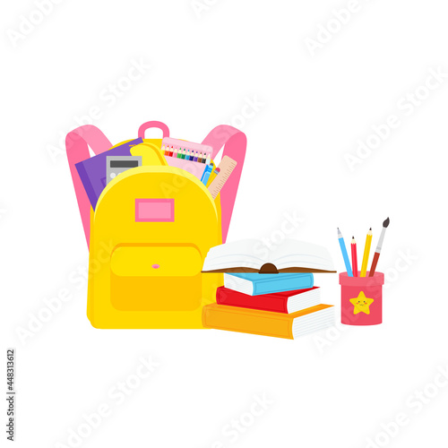 classroom school supplies stationery, pencil case, pen, pile of books, photorealistic literature,notebook, notebook textbook,school bag,Palettes and brushes in art,colored pencils. vector illustration