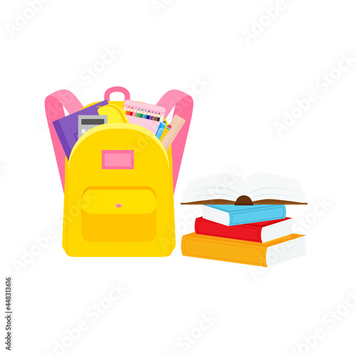 classroom school supplies stationery, pencil case, pen, pile of books, photorealistic literature,notebook, notebook textbook,school bag,Palettes and brushes in art,colored pencils. vector illustration