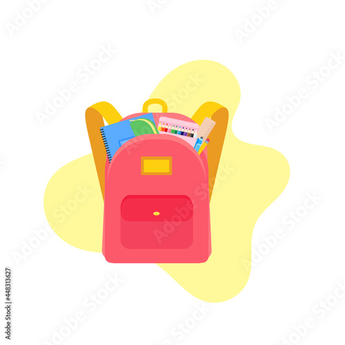 classroom school supplies stationery, pencil case, pen, pile of books, photorealistic literature,notebook, notebook textbook,school bag,Palettes and brushes in art,colored pencils. vector illustration