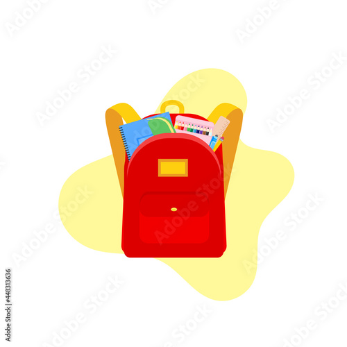 classroom school supplies stationery, pencil case, pen, pile of books, photorealistic literature,notebook, notebook textbook,school bag,Palettes and brushes in art,colored pencils. vector illustration