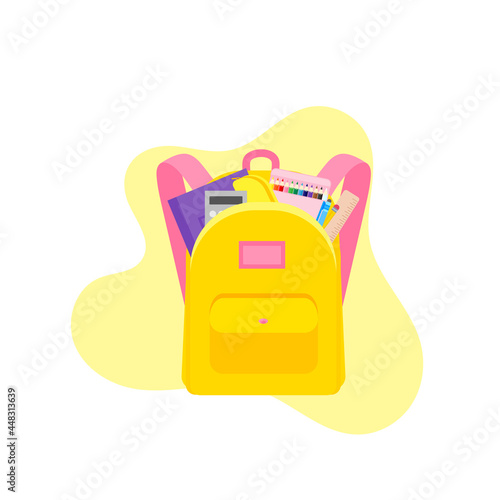 classroom school supplies stationery, pencil case, pen, pile of books, photorealistic literature,notebook, notebook textbook,school bag,Palettes and brushes in art,colored pencils. vector illustration