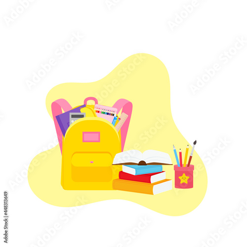 classroom school supplies stationery, pencil case, pen, pile of books, photorealistic literature,notebook, notebook textbook,school bag,Palettes and brushes in art,colored pencils. vector illustration