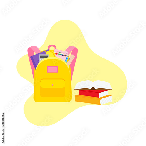 classroom school supplies stationery, pencil case, pen, pile of books, photorealistic literature,notebook, notebook textbook,school bag,Palettes and brushes in art,colored pencils. vector illustration