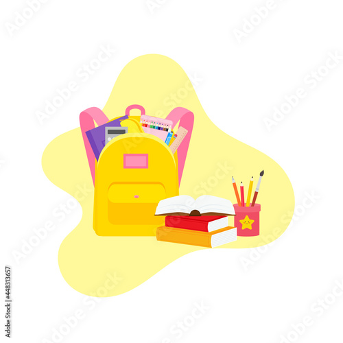 classroom school supplies stationery, pencil case, pen, pile of books, photorealistic literature,notebook, notebook textbook,school bag,Palettes and brushes in art,colored pencils. vector illustration