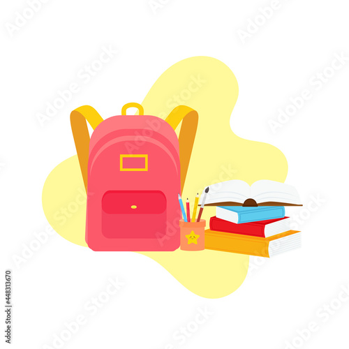 classroom school supplies stationery, pencil case, pen, pile of books, photorealistic literature,notebook, notebook textbook,school bag,Palettes and brushes in art,colored pencils. vector illustration