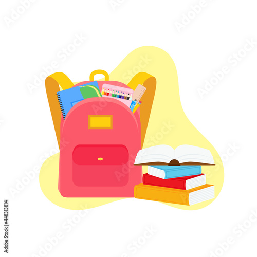 classroom school supplies stationery, pencil case, pen, pile of books, photorealistic literature,notebook, notebook textbook,school bag,Palettes and brushes in art,colored pencils. vector illustration