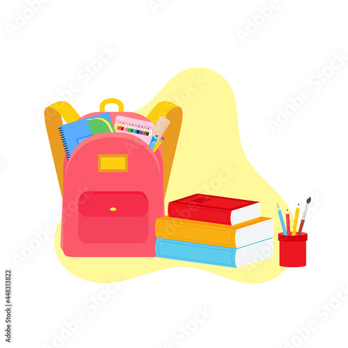 classroom school supplies stationery, pencil case, pen, pile of books, photorealistic literature,notebook, notebook textbook,school bag,Palettes and brushes in art,colored pencils. vector illustration