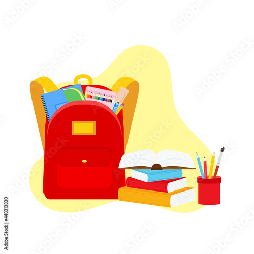 classroom school supplies stationery, pencil case, pen, pile of books, photorealistic literature,notebook, notebook textbook,school bag,Palettes and brushes in art,colored pencils. vector illustration
