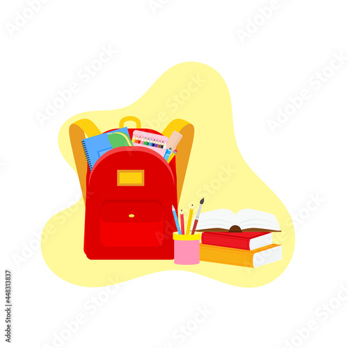 classroom school supplies stationery, pencil case, pen, pile of books, photorealistic literature,notebook, notebook textbook,school bag,Palettes and brushes in art,colored pencils. vector illustration