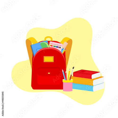 classroom school supplies stationery, pencil case, pen, pile of books, photorealistic literature,notebook, notebook textbook,school bag,Palettes and brushes in art,colored pencils. vector illustration