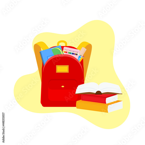 classroom school supplies stationery, pencil case, pen, pile of books, photorealistic literature,notebook, notebook textbook,school bag,Palettes and brushes in art,colored pencils. vector illustration