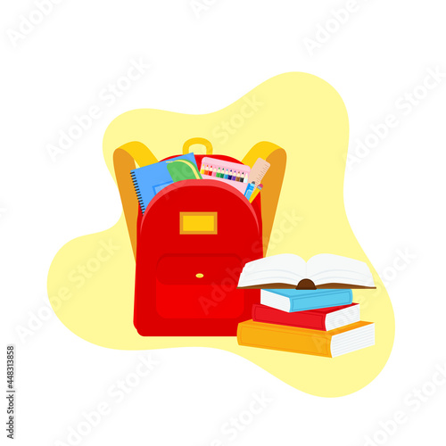 classroom school supplies stationery, pencil case, pen, pile of books, photorealistic literature,notebook, notebook textbook,school bag,Palettes and brushes in art,colored pencils. vector illustration