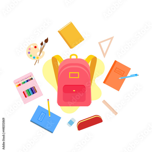 classroom school supplies stationery, pencil case, pen, pile of books, photorealistic literature,notebook, notebook textbook,school bag,Palettes and brushes in art,colored pencils. vector illustration