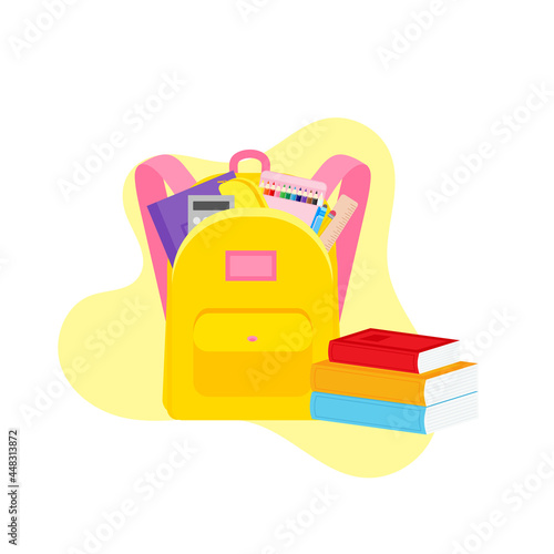 classroom school supplies stationery, pencil case, pen, pile of books, photorealistic literature,notebook, notebook textbook,school bag,Palettes and brushes in art,colored pencils. vector illustration