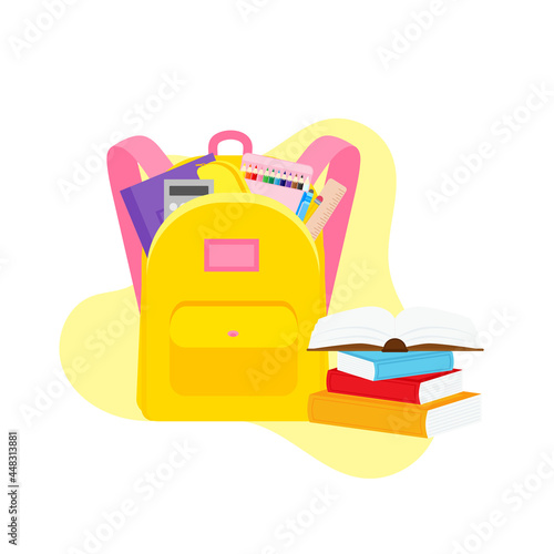 classroom school supplies stationery, pencil case, pen, pile of books, photorealistic literature,notebook, notebook textbook,school bag,Palettes and brushes in art,colored pencils. vector illustration