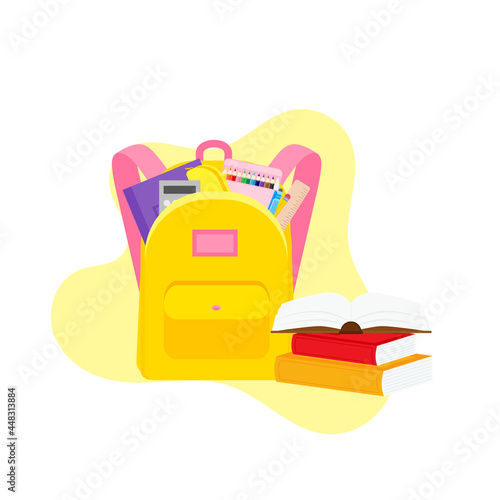 classroom school supplies stationery, pencil case, pen, pile of books, photorealistic literature,notebook, notebook textbook,school bag,Palettes and brushes in art,colored pencils. vector illustration
