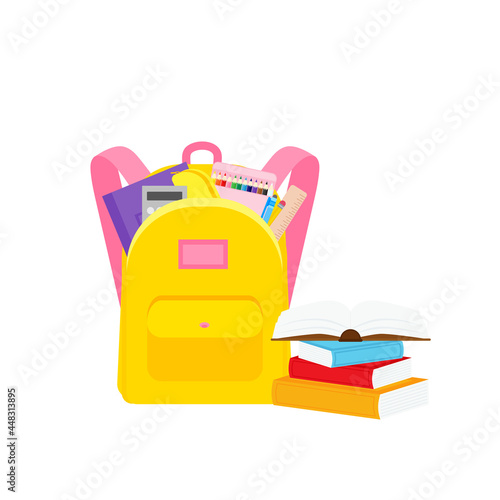 classroom school supplies stationery, pencil case, pen, pile of books, photorealistic literature,notebook, notebook textbook,school bag,Palettes and brushes in art,colored pencils. vector illustration