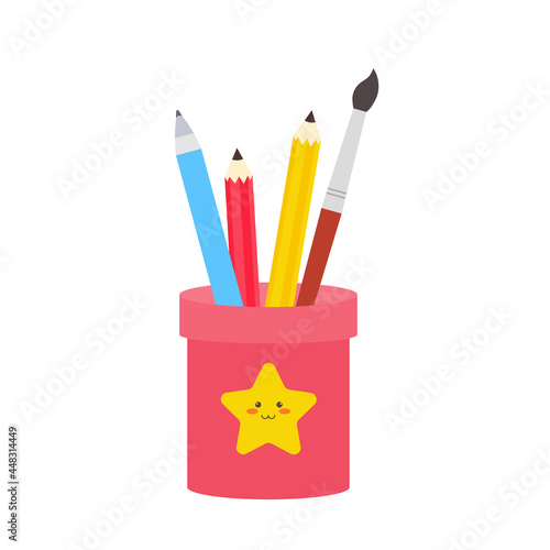 classroom school supplies stationery, pencil case, pen, pile of books, photorealistic literature,notebook, notebook textbook,school bag,Palettes and brushes in art,colored pencils. vector illustration