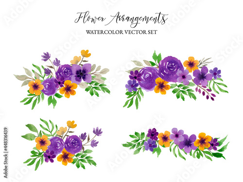 purple and yellow watercolor flower arrangement separated vector set