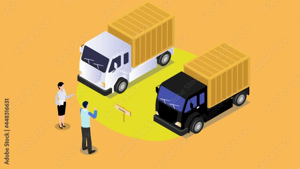 Saleswoman offering trucks for rent to businessman Saleswoman offering trucks for rent to businessman
