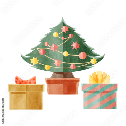 クリスマスツリーとプレゼントの手書き水彩風イラスト
