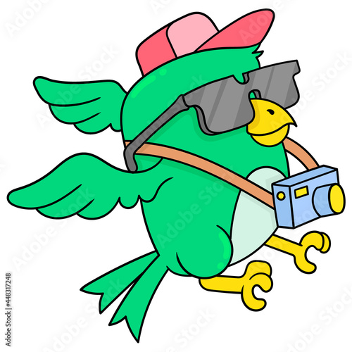 bird carrying camera as professional photographer, doodle icon image kawaii