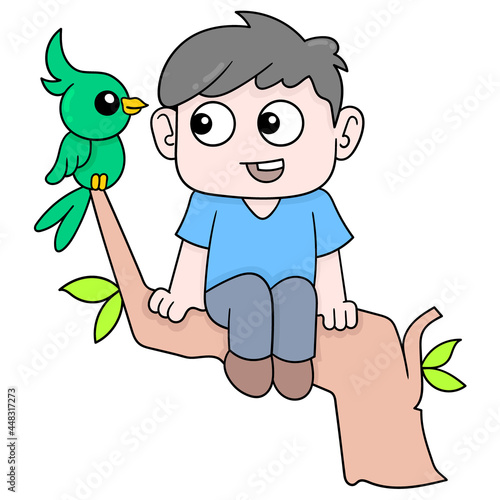 boy sitting on a branch with a parakeet interacting, doodle icon image kawaii