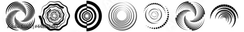 Spiral, swirl, twirl, vortex icon, shape. Concentric circles, rings. Abstract geometric shapes with rotation effect
