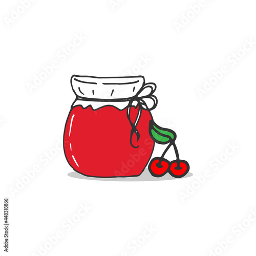cherry jam in the jar illustration with cherry fruit on white background. hand drawn vector. homemade icon, sweet dan fresh. doodle art for logo, label, sticker, clipart, poster, banner, cover, advert