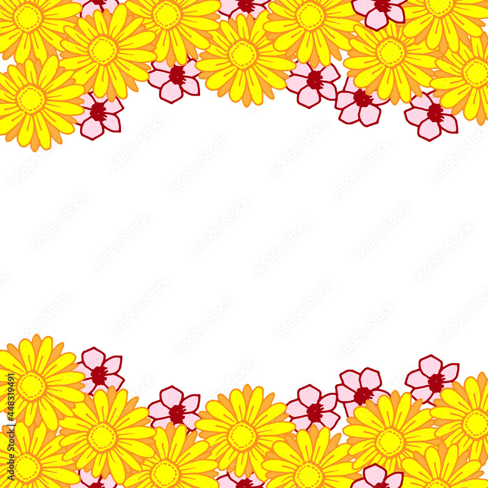 beautiful flower illustration on white background. yellow and pink color. up and down. nature frame, border. hand drawn vector. doodle art for wallpaper, poster, banner, greeting and invitation card. 